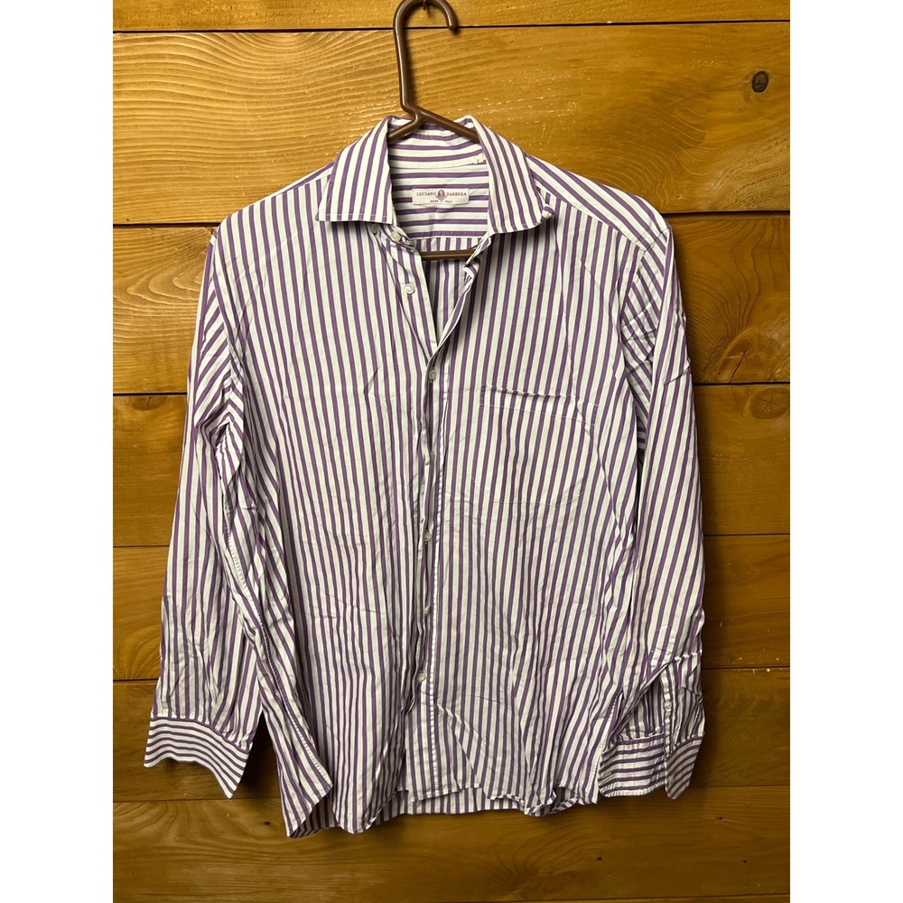 Luciano Barbera Mens Purple White Stripe Button Down Shirt Made‎ in Italy Size L